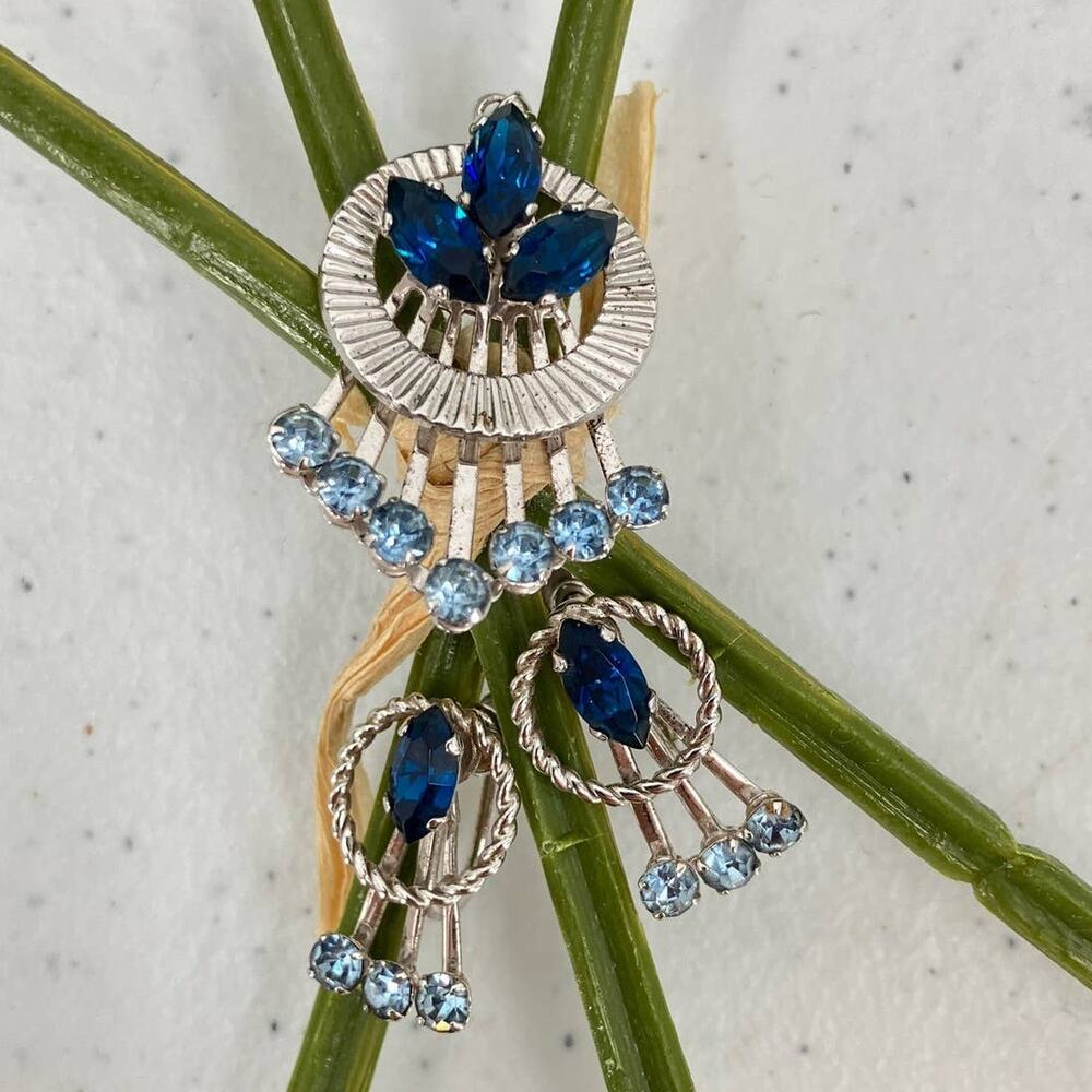 Vintage Van Dell Sterling Silver Blue Rhinestone Pendant Screw Post Earring Set